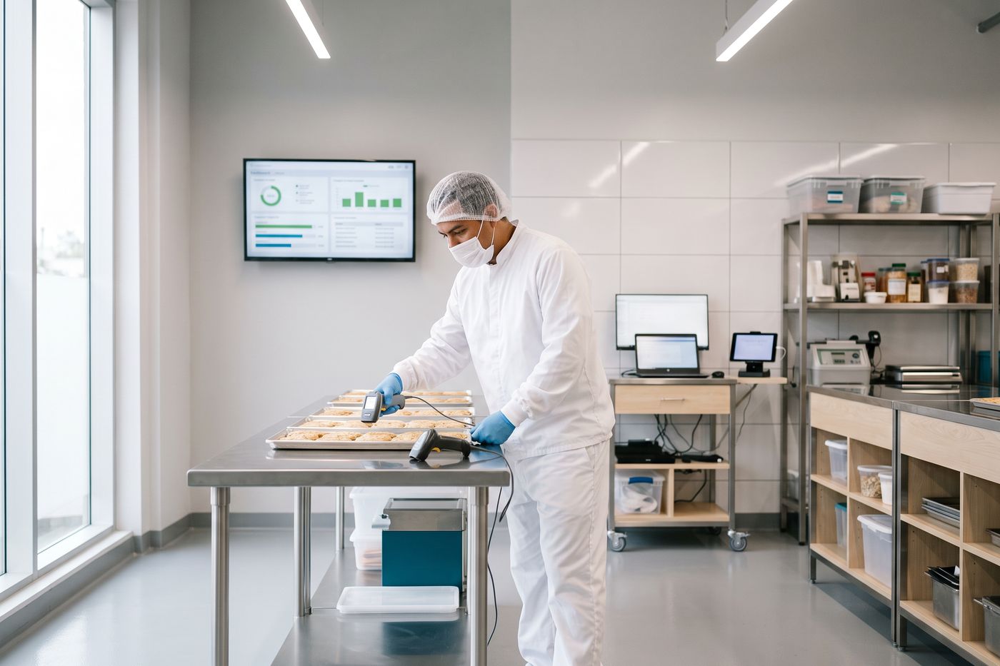 Trabajadora con guantes preparando bandejas en una cocina de producción