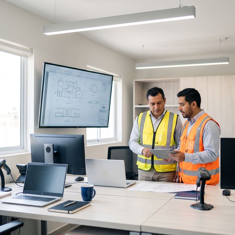 Dos trabajadores revisando planos sobre una mesa en una obra