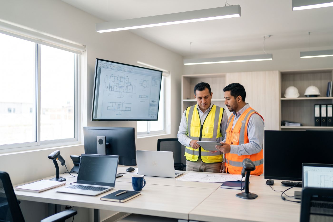Dos trabajadores de construcción revisando planos junto a un casco sobre la mesa